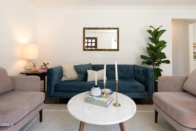 a living room with furniture and a potted plant