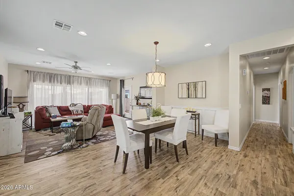 a view of a dining room with furniture