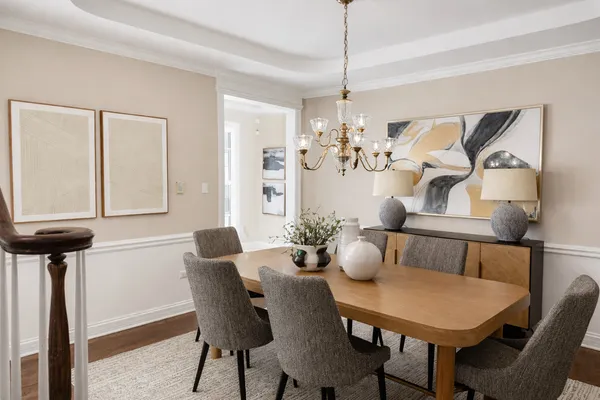 a view of a dining room with furniture
