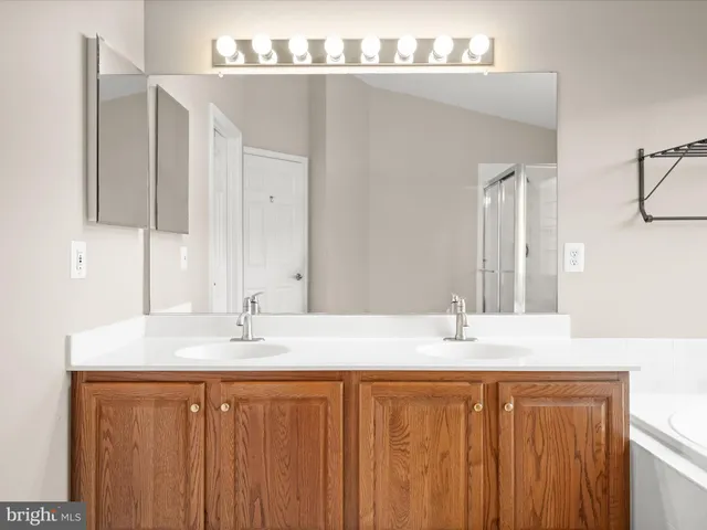 a bathroom with a sink vanity and a mirror