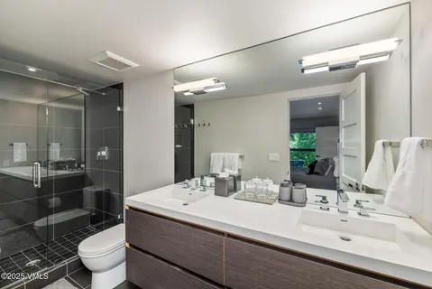 a bathroom with a double vanity sink toilet and shower