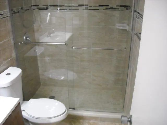 a bathroom with a toilet and a shower