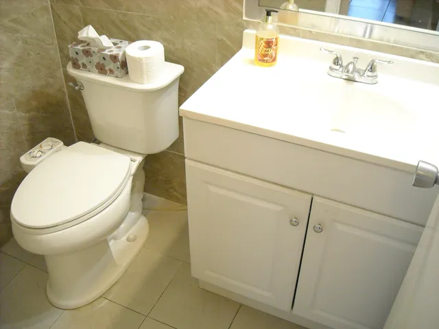a bathroom with a granite countertop sink a mirror and shower