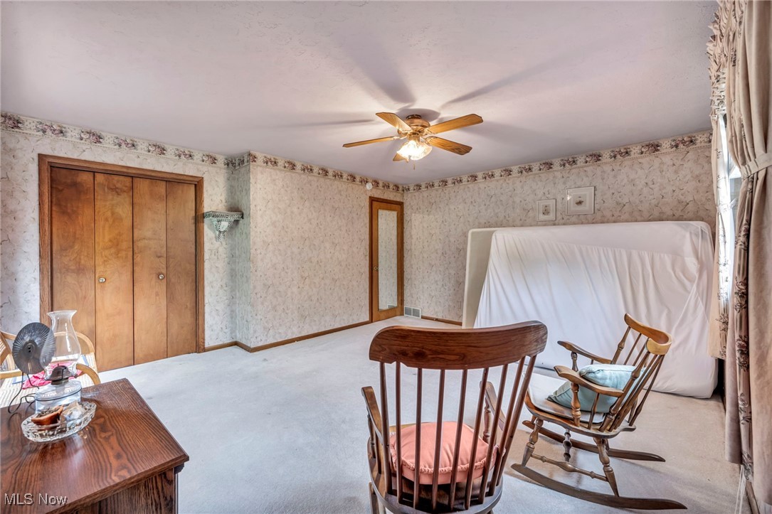 9184 Zimmerman Road Homerville, OH 44235 - Photo 16 of 50 Sitting room with light carpet and ceiling fan