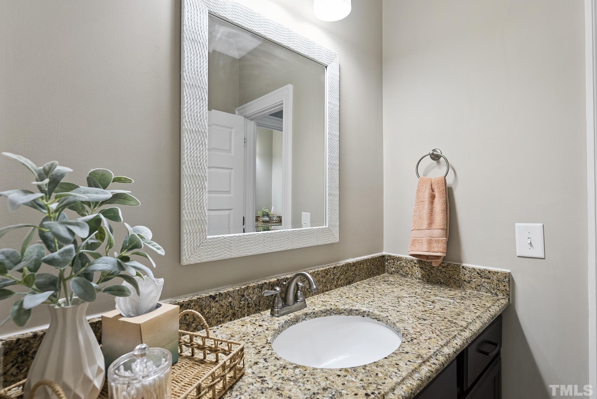 6121 Spring Branch Circle Raleigh, NC 27603 - Photo 25 of 60 a bathroom with a granite countertop sink a mirror and a