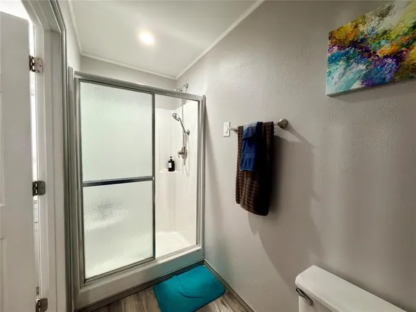 a bathroom with a shower and toilet