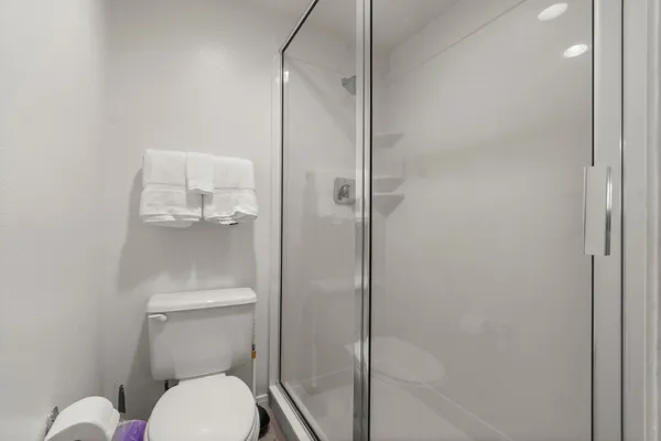 a bathroom with a toilet and a shower