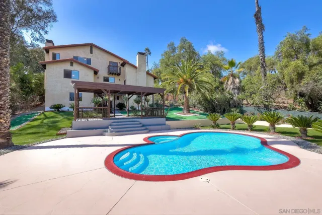 an aerial view of a swimming pool with a yard and plants