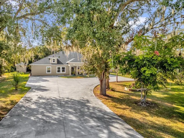 a view of a house with large trees and a big yard