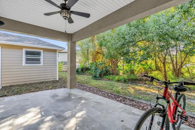 a view of a porch with backyard