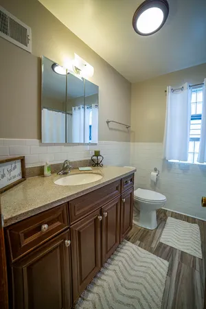 a bathroom with a sink a toilet and mirror