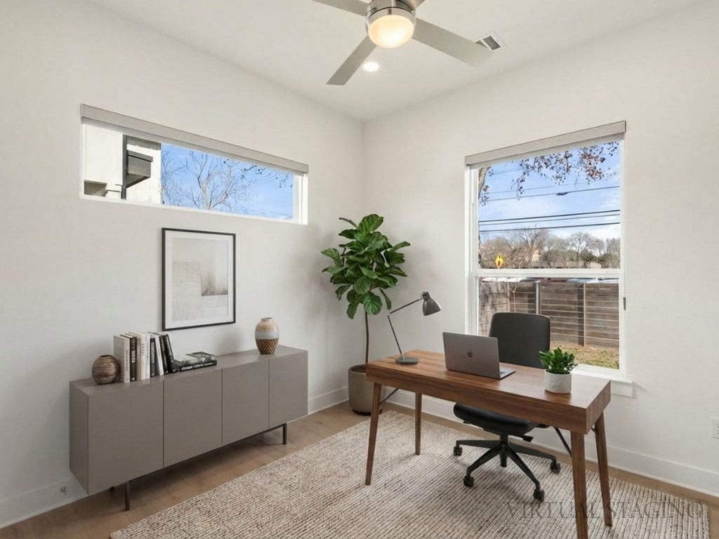 709 West St Elmo Road, Unit 2 Austin, TX 78745 - Photo 17 of 26 Office featuring ceiling fan, wood finished floors, and recessed lighting