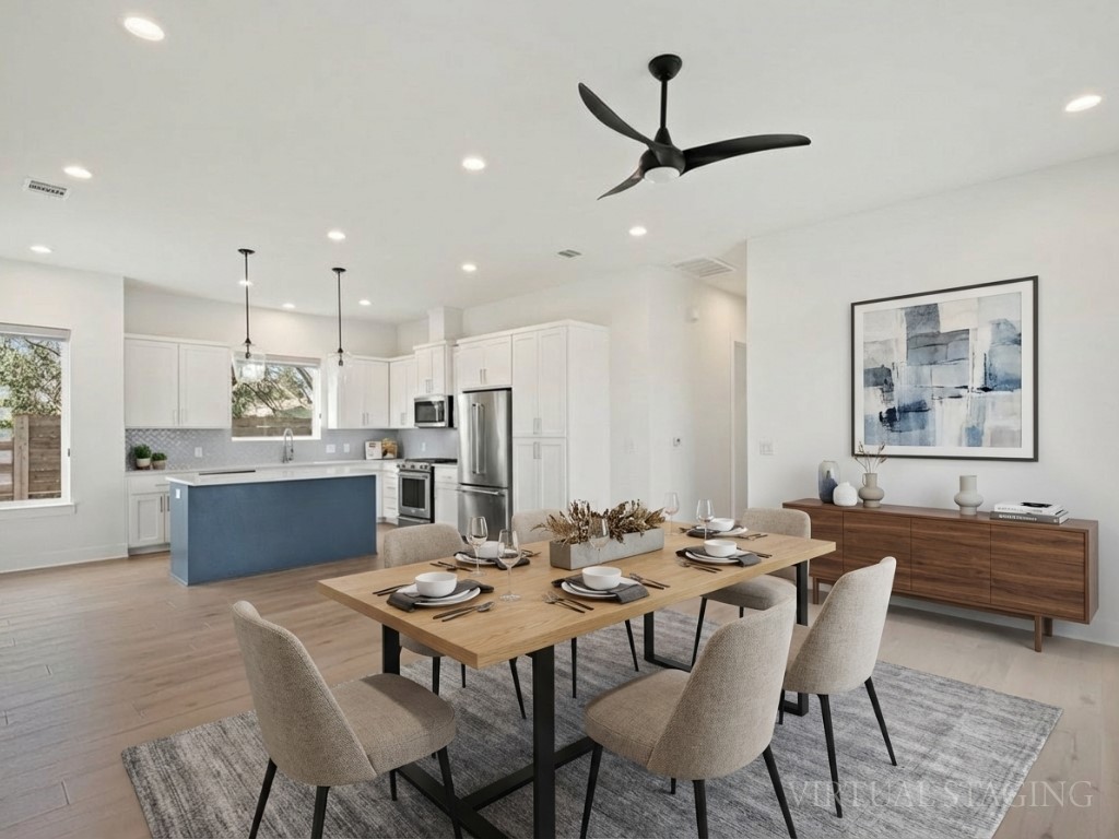 709 West St Elmo Road, Unit 2 Austin, TX 78745 - Photo 8 of 26 Dining room featuring light wood-style floors, ceiling fan, and recessed lighting