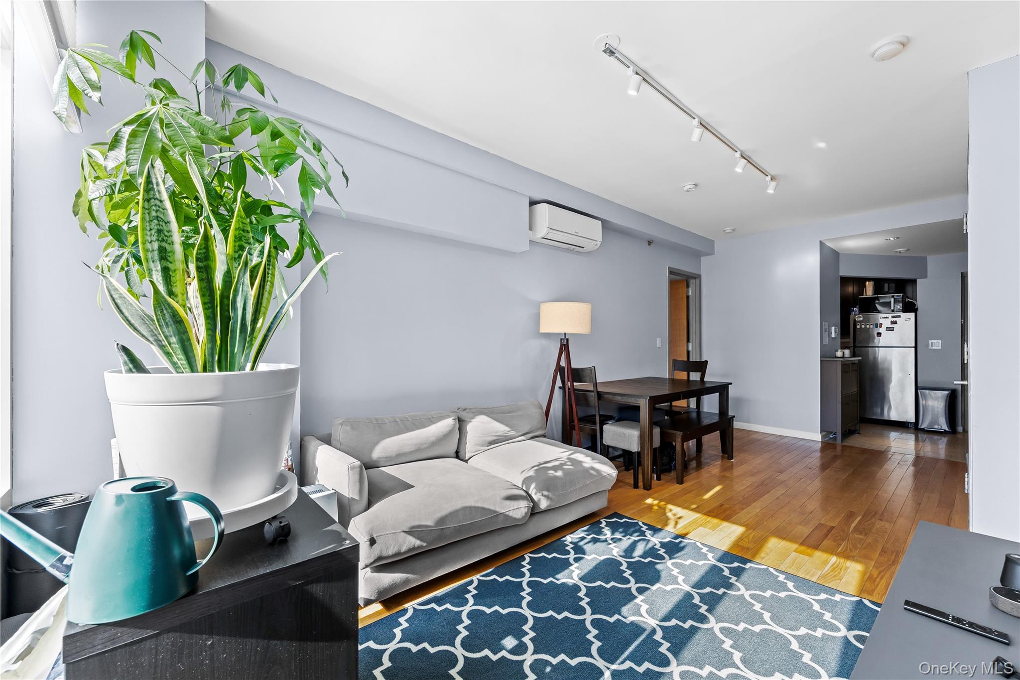95-08 65th Road, Unit 3C Queens, NY 11374 - Photo 4 of 19 Living area featuring track lighting, wood finished floors, and a wall mounted air conditioner