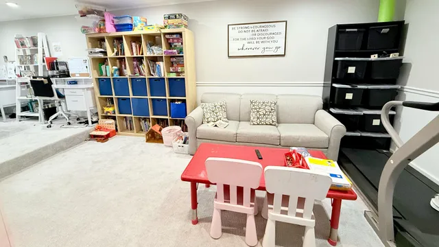 a living room with furniture a rug and a book shelf