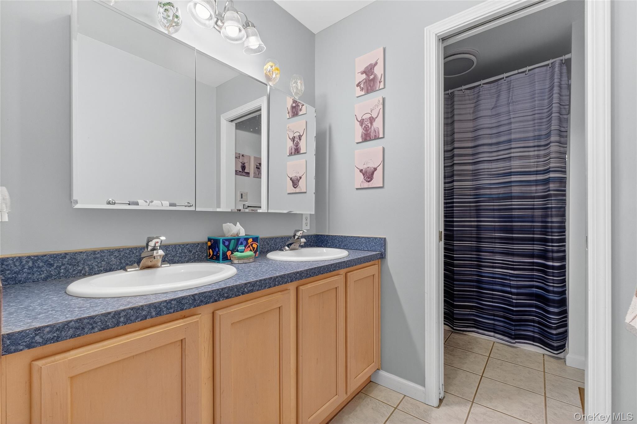 387 Cornwall Hill Road Patterson, NY 12563 - Photo 12 of 43 Upstairs Bathroom featuring a shower with shower curtain, double vanity, and light tile patterned floors
