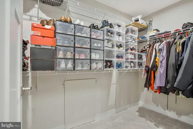 a view of walk in closet with clothes and shoes