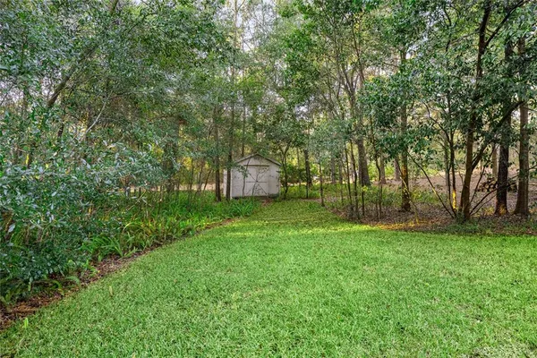 an aerial view of a house with a yard and large trees