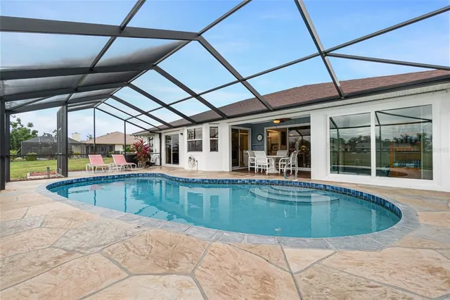 a view of a backyard with a swimming pool