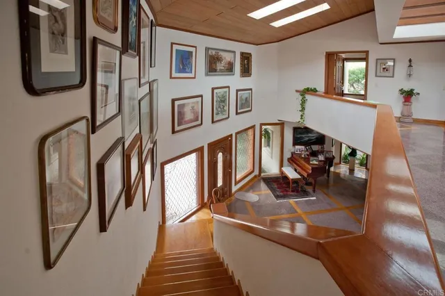 a view of a living room with a large window