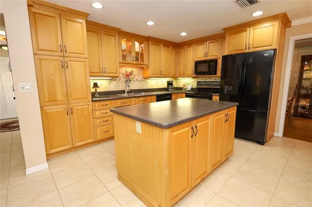 a kitchen with stainless steel appliances granite countertop a refrigerator a sink and a stove