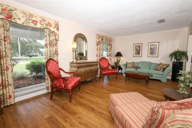a living room with furniture a rug potted plant and a large window