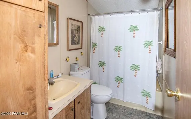 a bathroom with a granite countertop sink a toilet and shower curtain