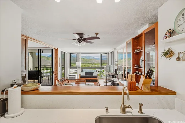 a living room with large window