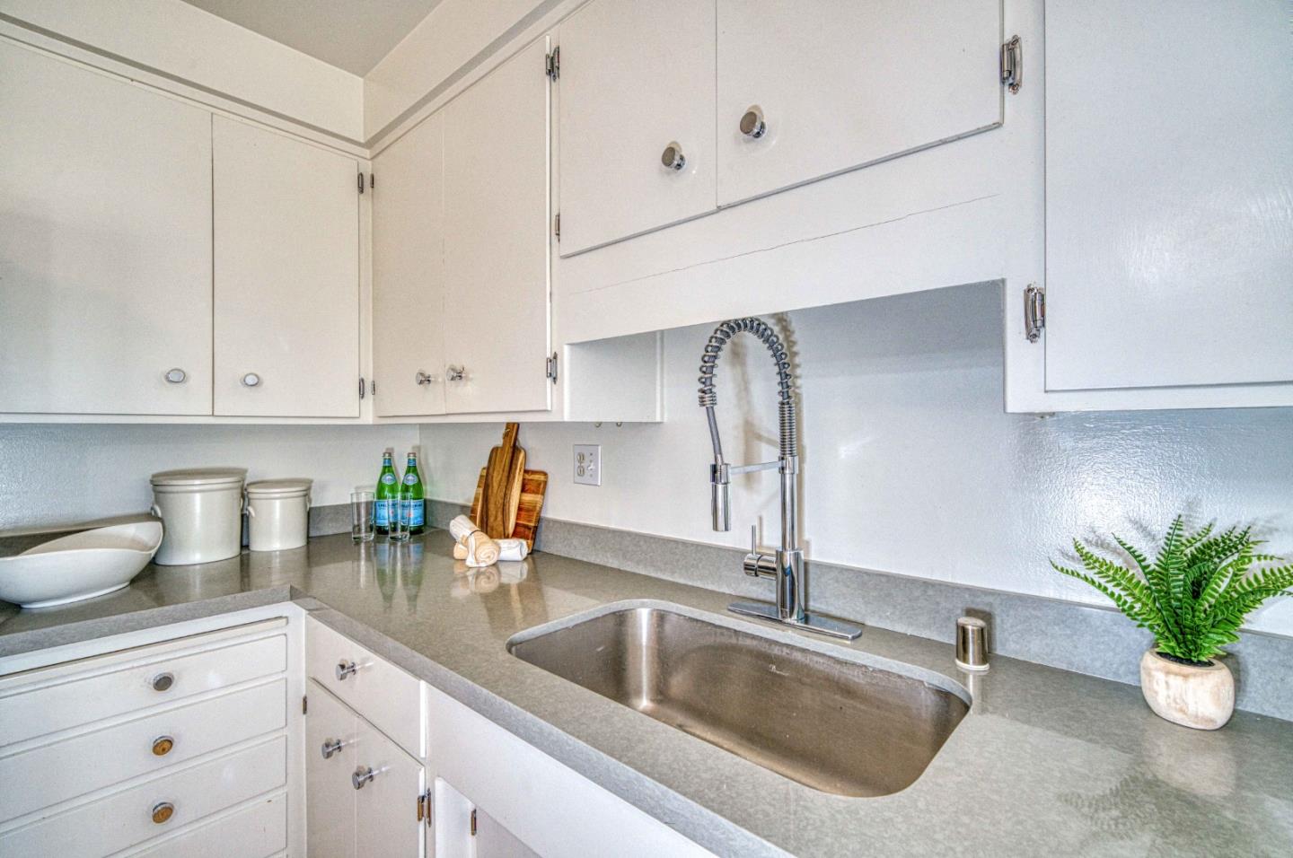 760 University Avenue Palo Alto, CA 94301 - Photo 13 of 25 a kitchen with stainless steel appliances white cabinets sink and a potted plant