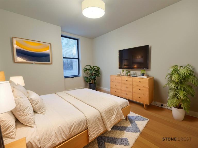 290 Riverside Drive, Unit 1B Manhattan, NY 10025 - Photo 4 of 7 a bedroom with a bed and a flat screen tv