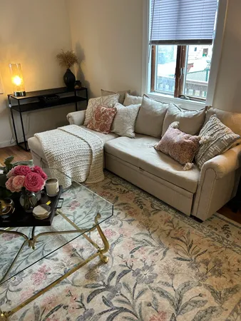 a living room with furniture and a potted plant