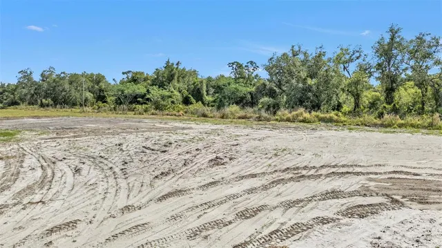 a view of dirt field with trees