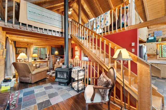 a view of a building with furniture and staircase