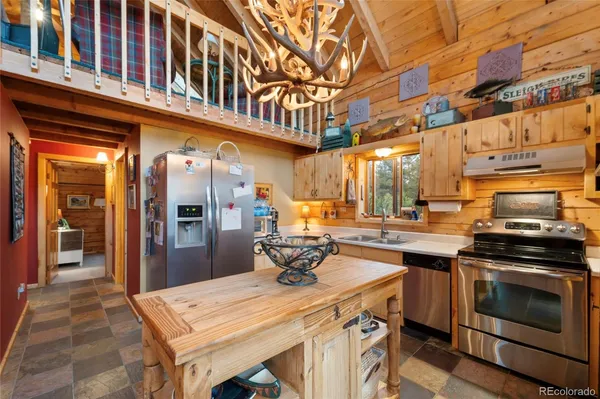 a kitchen with a stove and cabinets