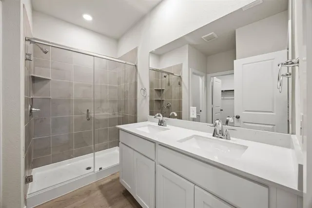 a bathroom with a shower sink and mirror