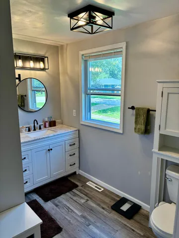 a bathroom with a toilet a sink and mirror