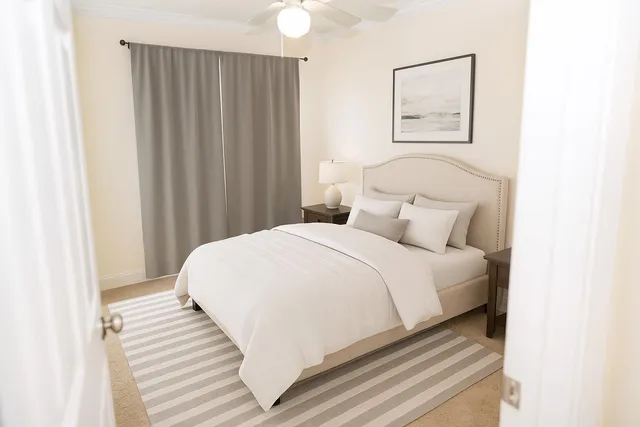 a bedroom with a bed and a mirror