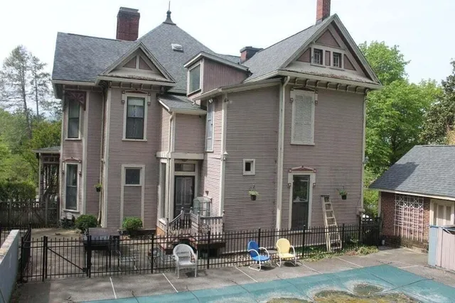 a view of a building with a door