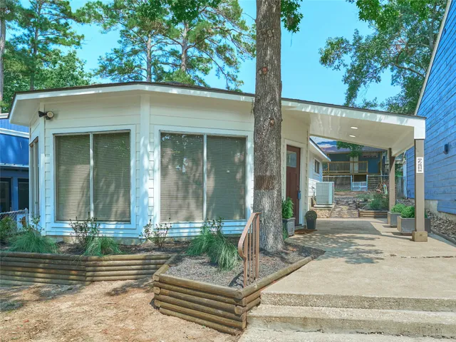 front view of a house with a patio
