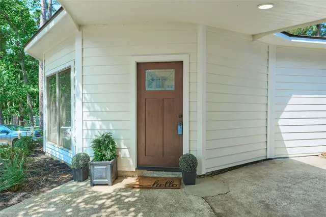 a couple of potted plants in front of door