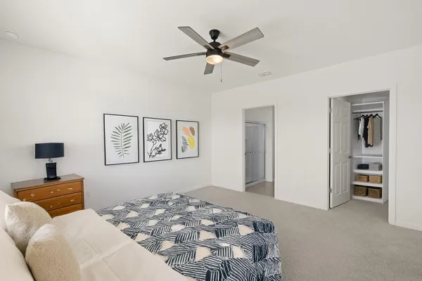 a bedroom with bed and furniture