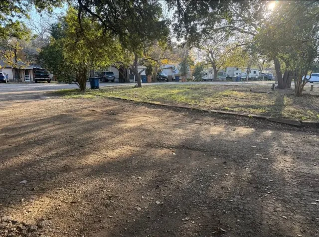 a view of a yard with large trees