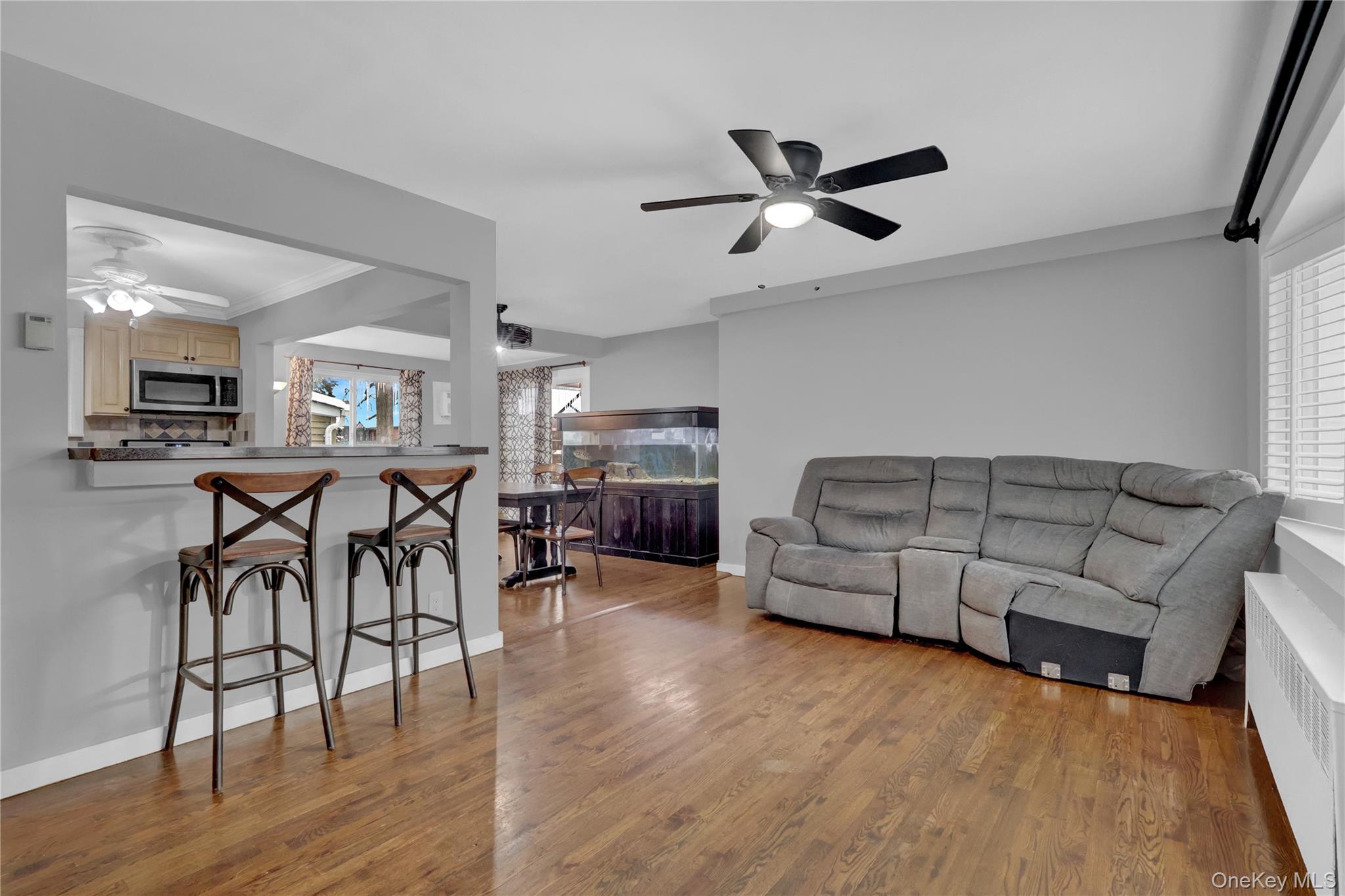 199 August Road North Babylon, NY 11703 - Photo 5 of 32 Living area with a ceiling fan, radiator, light wood-style floors, and ornamental molding