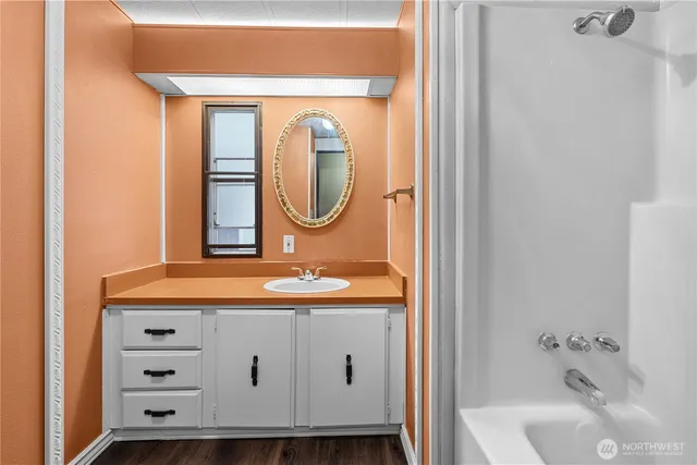 a bathroom with a sink and a mirror