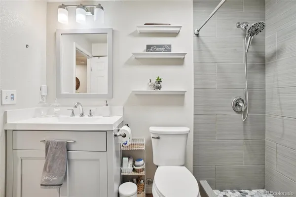 a bathroom with a sink a toilet and shower