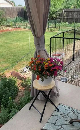 a view of a chairs and table in the backyard