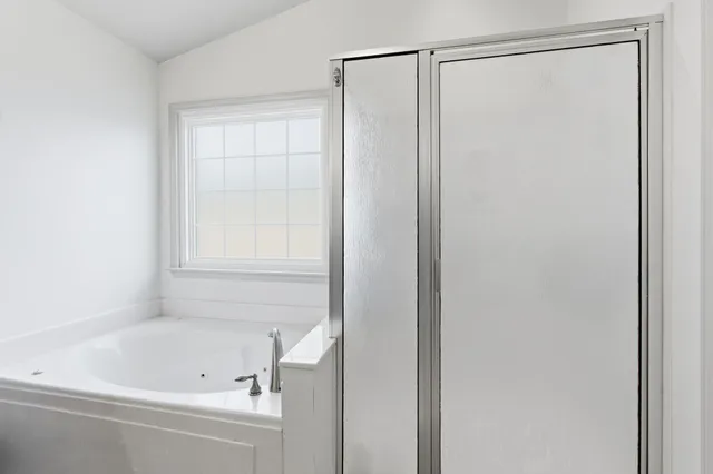 a bathroom with a shower and a bath tub
