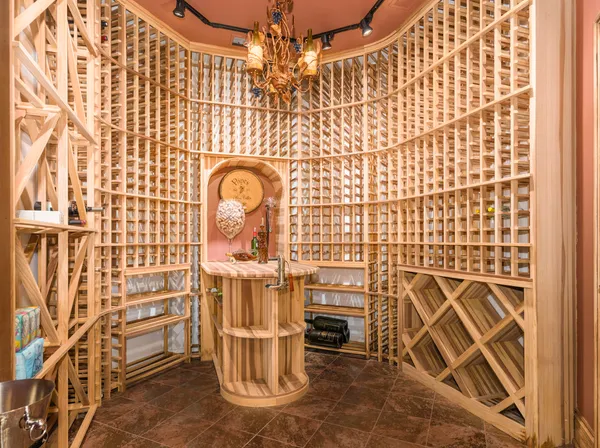 a media room with a couch