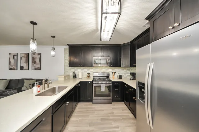 a kitchen with lots of counter top space