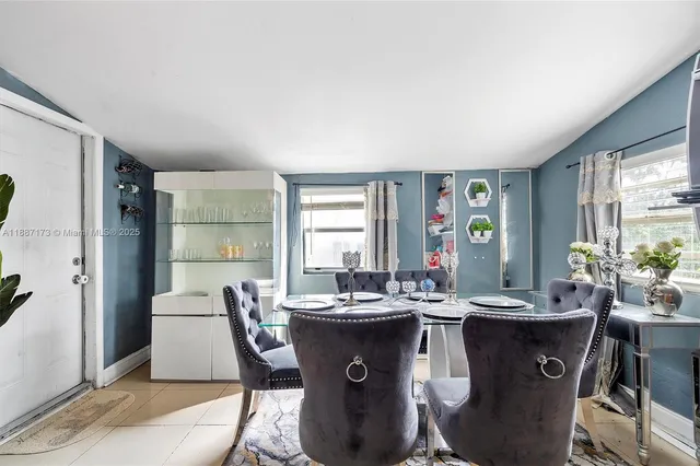 a view of a dining room with furniture window and outside view